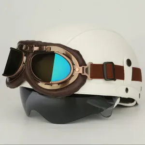 Мотоциклетный шлем в немецком стиле, кожаный, открытый, винтажный, полушлем с защитными очками, сертифицирован ECE, подходит для мужчин и женщин, для мотоциклов, скутеров, круизеров, квадроциклов, в стиле ретро CFZWJ, F