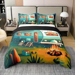 Erosebridal Комплект постельного белья из 100% хлопка с принтом деревьев и костра для детей и подростков, Green and Yellow