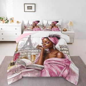 Erosebridal Комплект постельного белья Paris Eiffel Tower в французском стиле с принтом афроамериканской девушки и бокалом вина, Pink White Gray