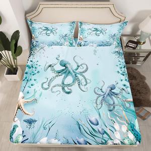 Erosebridal Фиттед простыня с осьминогами в бирюзово-синих тонах, морской тематики, кавай дизайн, Teal Light Blue Light Beige