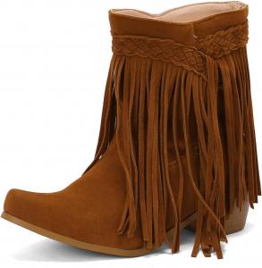 Женские ковбойские ботинки KiutSymo, ботильоны с бахромой в западном стиле, массивный каблук, квадратный носок, на молнии, широкий голенищ, с кисточками, короткие ковбойские ботильоны, Brown Style A