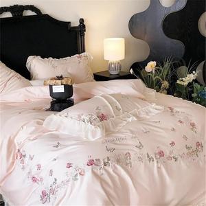 YUSIWOAL Комплект постельного белья с вышивкой цветы и бабочки, кружевными рюшами, 1000TC хлопок Blue