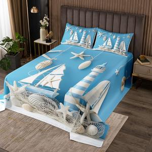 Erosebridal Комплект постельного белья Nautical Sailboat Lighthouse с морскими мотивами, стеганый из хлопка, синий, Multi 34