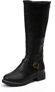 Женские сапоги до колена с низким массивным каблуком, круглым носком, высокой голенью, удобные, на молнии, из искусственной кожи, в стиле всадника Generic, Black