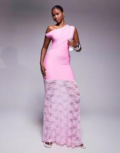 Эксклюзивное двухслойное облегающее платье Kaiia с открытыми плечами и асимметричной прозрачной кружевной юбкой макси в розовом цвете