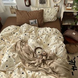 AVIVI Комплект постельного белья из 4 предметов, простыня на резинке, пододеяльник 180x220 см, ультрамягкий, цветочный принт, черный в горошек