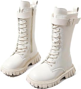 Ботинки для девочек кожаные с шнуровкой, средние по голенищу, с боковой молнией и ремешком на щиколотке, панк/готический стиль, подошва с протектором, размер 4-11 лет BANGTEUO, Beige