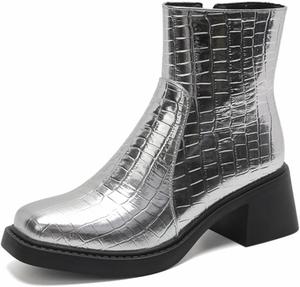 Женские ботильоны Aflngle с квадратным носком, боковой молнией, удобным низким толстым каблуком, короткие модные ботинки для вечеринок и выпускных, Silver