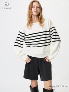 Хлопковый 3D-джемпер с объемными рукавами в полоску Uniqlo, 01 off white