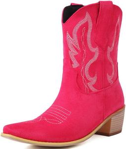 Замшевые ковбойские сапоги KOKOMOMO с вышивкой, с низким каблуком, короткие ковбойские сапоги, Western, накулачные, Hot Pink