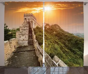 Штора ABAKUHAUS в китайском деревенском стиле, кирпичная кладка Heritage Bricks, для спальни, присборенная тесьма с петлями и крючками, 280 x 225 см, цвет: оранжево-зеленый Abakuhaus