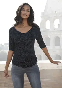 Футболка LASCANA со складками и точечным принтом, цвет Schwarz-Gepunktet