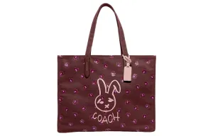 COACH Сумка-шоппер из холста с кожаными вставками, женская, бордовая