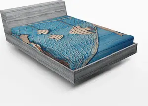Простыня на резинке ABAKUHAUS Marine, морская тема, изображение рыболовной сети и подвешенной деревянной рыбы, 160 x 200 см, бежевый, небесно-голубой Abakuhaus