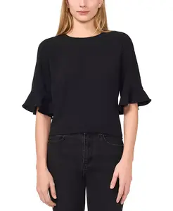 Женская блузка с фактурной отделкой, оборками на манжетах, рукавом 3/4 и круглым вырезом CeCe, серый