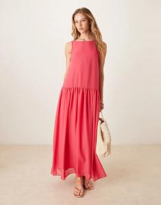 Длинное шифоновое платье ASOS DESIGN с заниженной талией ярко-розового цвета