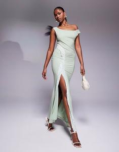 Платье макси ASOS DESIGN с вырезом лодочкой, кружевными боками и разрезом зеленого цвета