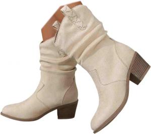 Женские ковбойские ботинки до середины голени в западном стиле, модные ковбойские ботинки с вышивкой, массивным низким каблуком и ботильоны Generic, White