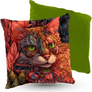 Подушка велюровая ПРЕМИУМ с котом в зеленых тонах, 40 х 40 см, декоративная с наполнителем, для гостиной, спальни или в подарок 5made
