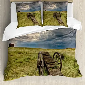 Пододеяльник ABAKUHAUS Stable-Wood Wagon Wheel, Prairie Wagon, с защитой от клещей, подходит для аллергиков с наволочками, 200 см x 200 см - 80 x 80 см, зеленый, коричневый, серый