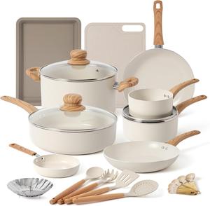 Набор посуды ONGIFT с антипригарным покрытием, 23 предмета, кремовый/светло-коричневый