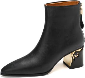 Женские ботильоны TinaCus из натуральной кожи на среднем массивном каблуке с заостренным носком и ручной пошивкой, с задней молнией, Black