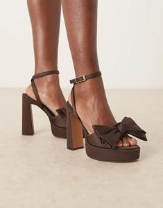 Босоножки Nala ASOS DESIGN на платформе с большим бантом и каблуком из коричневого атласа