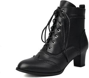 Женские короткие ботильоны на шнуровке с боковой молнией, викторианские ботинки с массивным каблуком, туфли на высоком каблуке Glglgege, Black