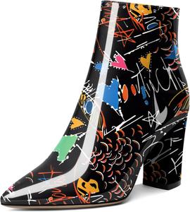 Женские ботильоны AUMOTED с высокой шнуровкой, массивным каблуком, заостренным носком, мехом, короткой моделью на молнии, классические ботинки на каблуке 3,4 дюйма, Patent Graffiti