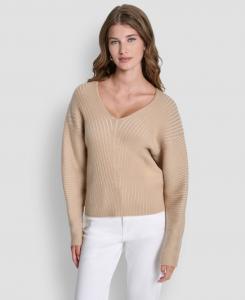 Женский свитер с V-образным вырезом, длинными рукавами и ребристой вязкой DKNY, Travertine/ivory