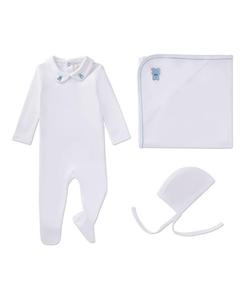 Детский комбинезон для мальчика из 3 предметов, 100% пима, с воротником Питер Пэн и вышивкой в виде плюшевого мишки MeMoi, Winter white