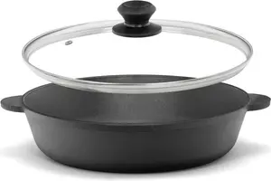 Чугунная сковорода Ø28 см со стеклянной крышкой, чугунная жаровня/форма для запекания, две ручки, сервировочный поддон Brizoll