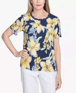 Женский топ с цветочным узором и плетеным воротником-гольф Alfred Dunner, синий