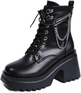 WBHGDWQP Женские ботильоны на платформе готик с круглым носком и боковой молнией, ботинки на танкетке с цепочкой, панк-бутсы, боевые ботинки на платформе (черные-B, 5)