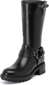 Женские сапоги средней длины, плоские повседневные ботильоны с округлым носком, модные ботинки с пряжкой, элегантные осенние и зимние низкие сапоги на каблуке для женщин. Ruiee, Black Mf 973