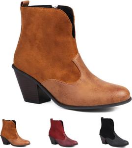 Женские кожаные ботильоны Челси с боковой молнией, ретро заостренный носок, V-образный вырез, массивный каблук, удобные ботильоны на низких каблуках, легко надеваются, женская обувь, коровьец, короткие ковбойские ботинки Helenbra, Brown