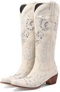 Женские ковбойские высокие сапоги с вышивкой, винтажные элегантные западные сапоги для прогулок QSPGONA, White