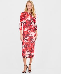 Женское миди-платье с боковыми сборками и рукавами 3/4 Anne Klein, ROSE MIST MULTI