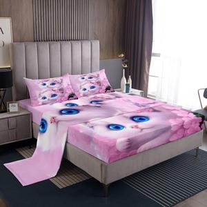 Erosebridal Комплект постельного белья Floral Cat Girls с цветочными котятами в розово-белых тонах, мягкий и дышащий, Pink White