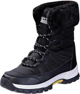 Женские зимние сапоги, водонепроницаемые, легкие, утепленные искусственным мехом, ботильоны средней высоты, классические короткие ботинки на шнуровке Generic, D06-Black