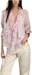 Женская футболка с V-образным вырезом и длинными рукавами в полоску