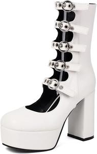 Ботинки UniqueStride в готическом стиле на платформе, средней высоты, с массивным каблуком, панк Mary Jane, готическая обувь для косплея, White Mid Calf