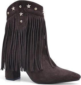 Женские замшевые ботинки с бахромой и звездными заклепками, ковбойский стиль на среднем каблуке Generic, Brown