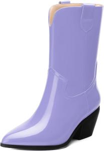 Женские сапоги WAYDERNS до середины икры из лакированной кожи с массивным каблуком, заостренным носком, 2,3-дюймовым каблуком, короткие ботильоны для модных повседневных прогулок, свиданий и шопинга, осенние, Lavender