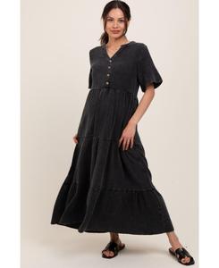 Черное макси-платье для беременных с пуговицами спереди и ярусным кроем Pinkblush, Black