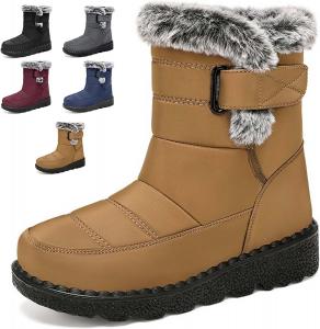 Женские зимние сапоги на снег с теплой подкладкой из искусственного меха, плюшевые, средней высоты, ботильоны до щиколотки, удобные, на липучке, для улицы Generic, Tan