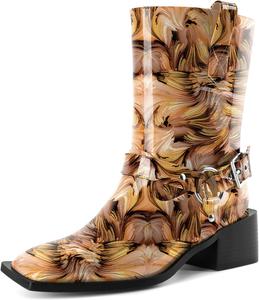 Женские ботинки Joseywade на низком каблуке 2 дюйма с молнией и металлическими пряжками, байкерские, до середины икры, размеры США 6-12, Patent Floral Brown