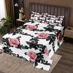 Erosebridal Комплект постельного белья King Size с цветочным принтом в готическом стиле из мягкого стеганого материала в черно-бело-розовой гамме, Multi 13