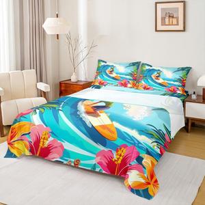 Erosebridal Комплект постельного белья Surfing Hawaii Surf с тропическими пальмами и цветами в морской тематике, Blue Pink Green