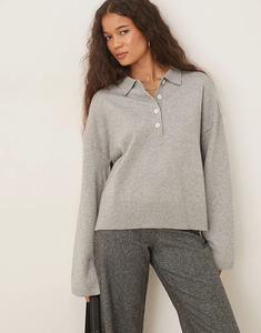 Вязаный свитер Gina Tricot с длинными рукавами и воротником, светло-серый меланж